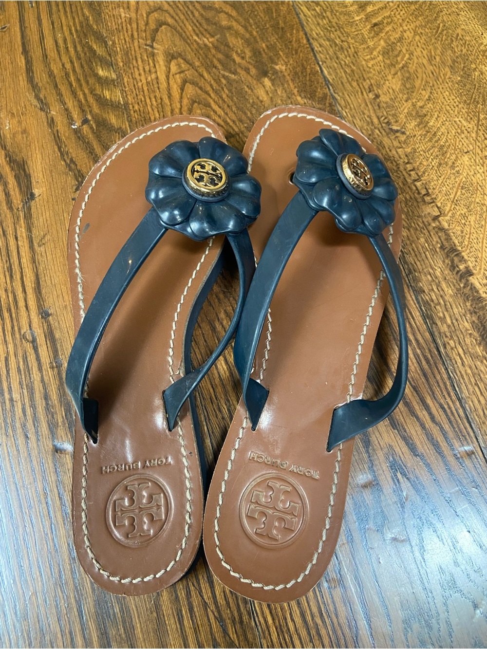 Tory Burch Black Floral Logo Leather Thong Sandals